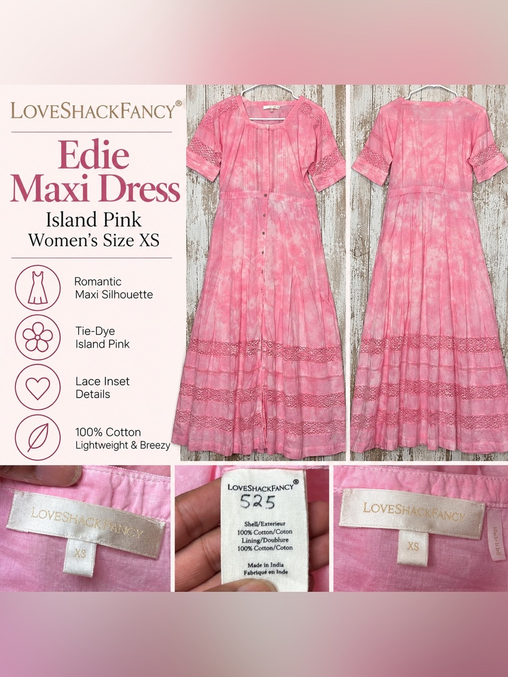 LoveShackFancy Edie Maxi Dress Women’s XS Island Pink Tie Dye Cotton NWOT